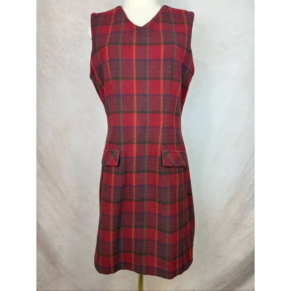 Vintage Red Wool Blend Plaid Dress Eddie Bauer Size Small Tartan Preppy